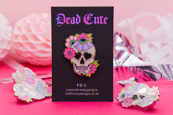 Dead Cute Sugar Skull Enamel Pin – Pastel Floral Edition