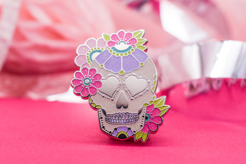 Dead Cute Sugar Skull Enamel Pin – Pastel Floral Edition