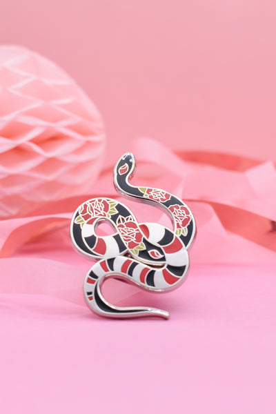 nk & Blood Rose Snake – Tattoo Enamel Pin (50mm Statement Pin)
