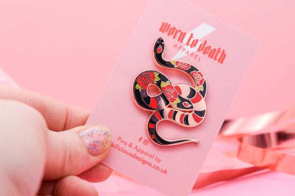 nk & Blood Rose Snake – Tattoo Enamel Pin (50mm Statement Pin)