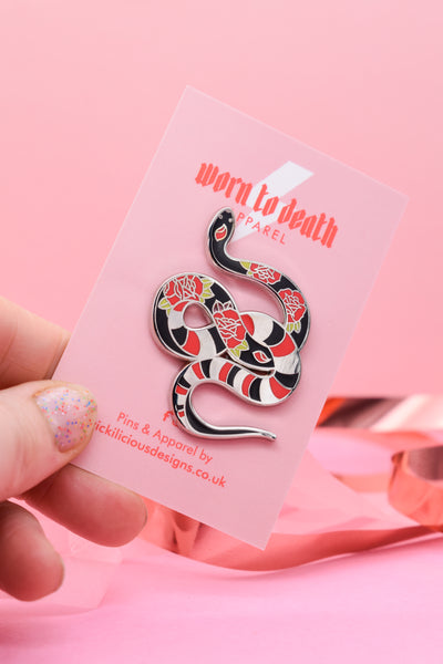 nk & Blood Rose Snake – Tattoo Enamel Pin (50mm Statement Pin)