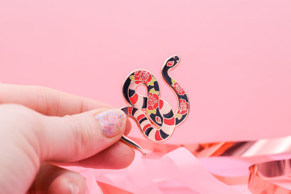 nk & Blood Rose Snake – Tattoo Enamel Pin (50mm Statement Pin)