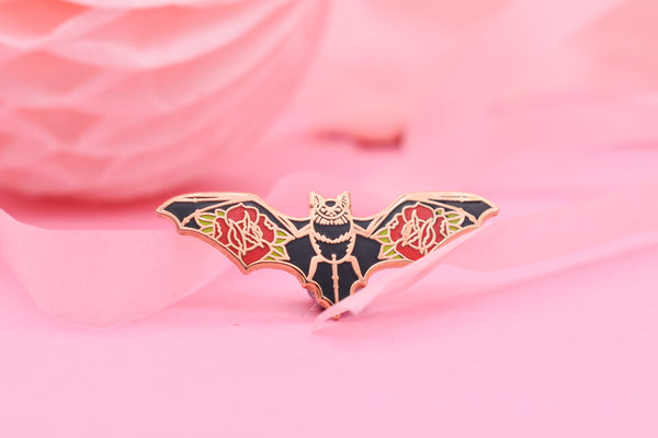 Blood Rose Vampire Bat Hard Enamel Pin Gold