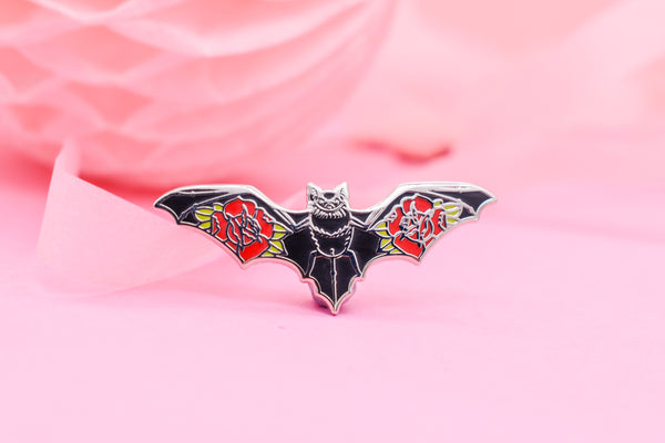 Blood Rose Vampire Bat Hard Enamel Pin Silver