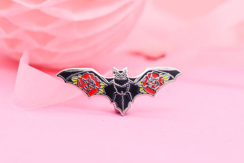 Blood Rose Vampire Bat Hard Enamel Pin Silver
