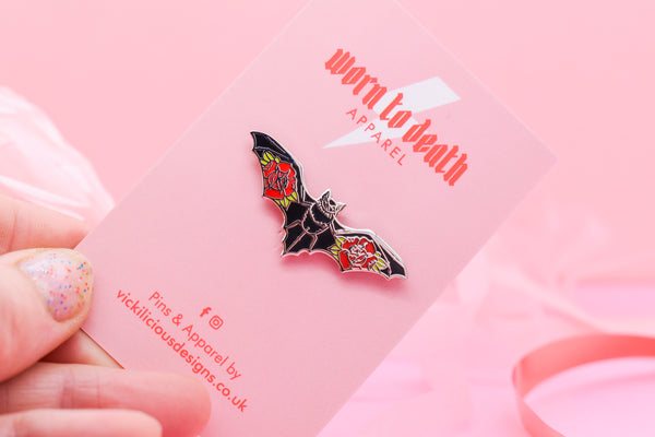 Blood Rose Vampire Bat Hard Enamel Pin Silver
