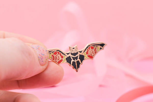 Blood Rose Vampire Bat Hard Enamel Pin Gold