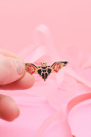 Blood Rose Vampire Bat Hard Enamel Pin | Tattoo Style Gothic Bat Pin