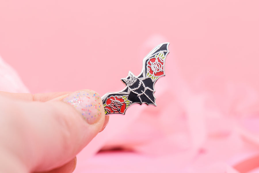 Blood Rose Vampire Bat Hard Enamel Pin Silver