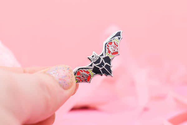 Blood Rose Vampire Bat Hard Enamel Pin Silver