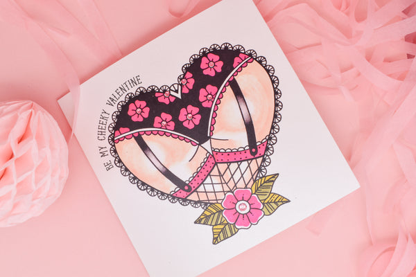 Cheeky Blossom Booty Heart Tattoo Handmade Valentine's Day Card