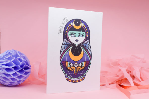 Lunar Witch - Cute & Creepy Russian Doll Tattoo handmade card