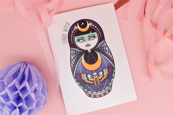 Lunar Witch - Cute & Creepy Russian Doll Tattoo handmade card
