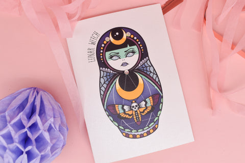Lunar Witch - Cute & Creepy Russian Doll Tattoo handmade card