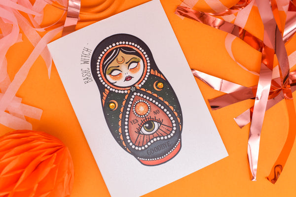 Basic Witch -  Magical Cute & Creepy Russian Doll Tattoo handmade card