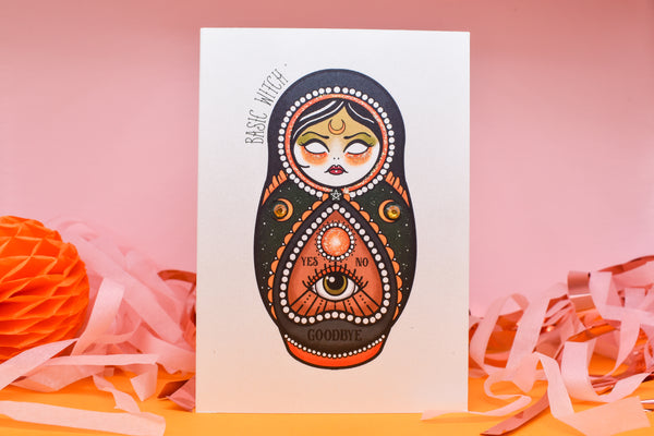 Basic Witch -  Magical Cute & Creepy Russian Doll Tattoo handmade card