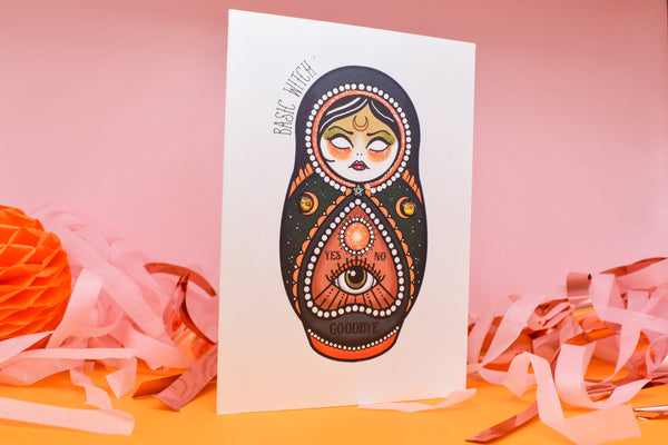 Basic Witch -  Magical Cute & Creepy Russian Doll Tattoo handmade card