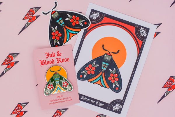 Follow the Light | Floral Moth Tattoo | Ink & Blood Rose Collectors Set