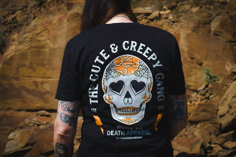 Cute & Creepy Gang|  Dead Cute Sugar Skull Yellow Rose Front and Back Print T-shirt