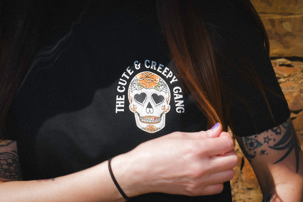 Cute & Creepy Gang|  Dead Cute Sugar Skull Yellow Rose Front and Back Print T-shirt