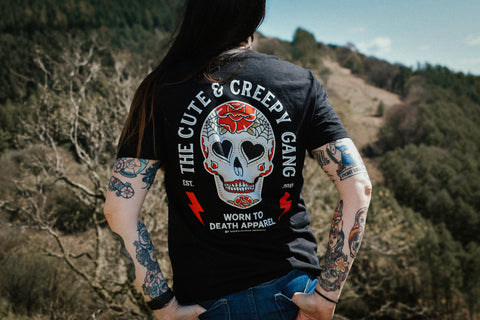 Cute & Creepy Gang | Dead Cute Sugar Skull Red Rose | Front and back print T-shirt