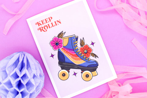 KEEP ROLLIN 80s rainbow roller skates tattoo handmade card