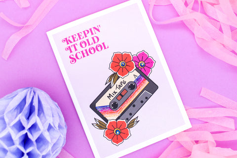 KEEPIN IT OLD SCHOOL Mix Tape 80s rainbow cassette tape tattoo handmade card