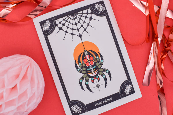 DREAM SPINNER Ink & Blood Red Blossom Spider Tattoo Handmade Card
