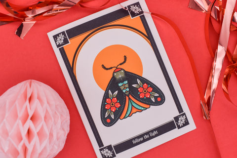 FOLLOW THE LIGHT Ink & Blood Blossom Moth Tattoo Handmade CardFOLLOW THE LIGHT Ink & Blood Blossom Moth Tattoo Handmade Card