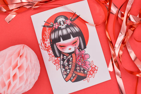 Kokeshi Flower Moon Handmade Card