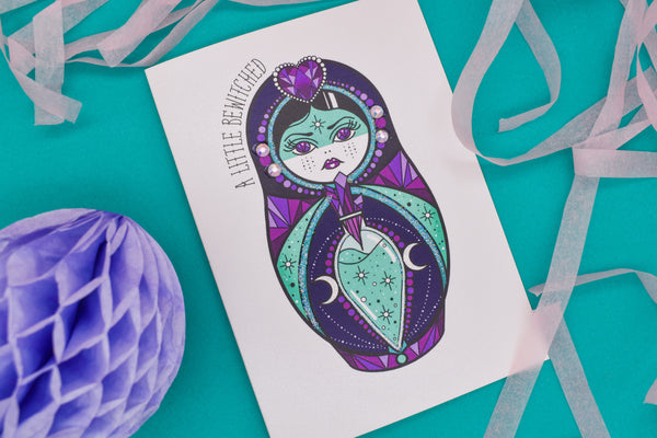 A Little Bewitched -  Crystal Witch, Love Potion Cute & Creepy Doll Tattoo Handmade Card