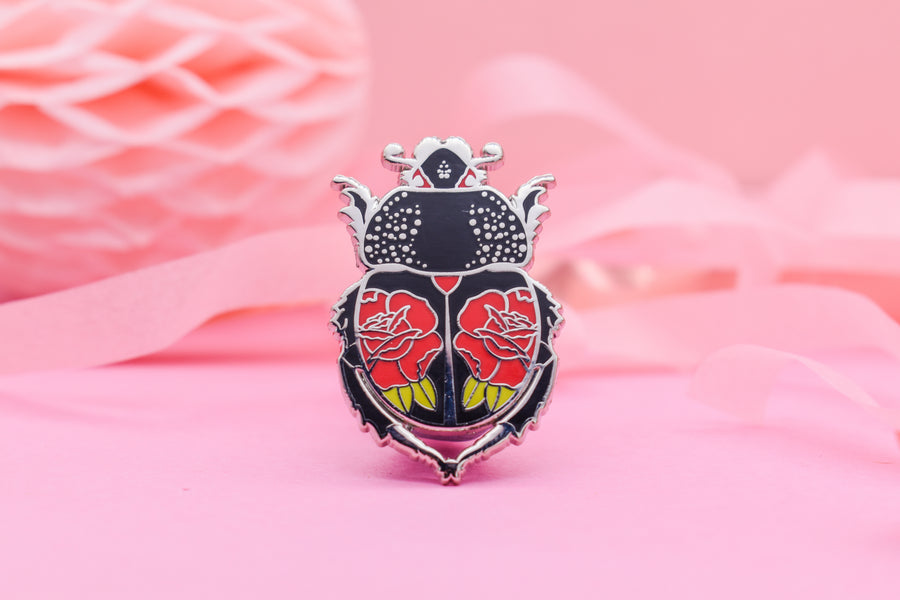 Ink & Blood Rose Beetle Hard Enamel Pin — Tattoo Bug Pin for Nature Lovers