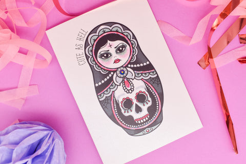 Cute as Hell - Goth Girl Cute & Creepy Russian Doll Tattoo handmade card