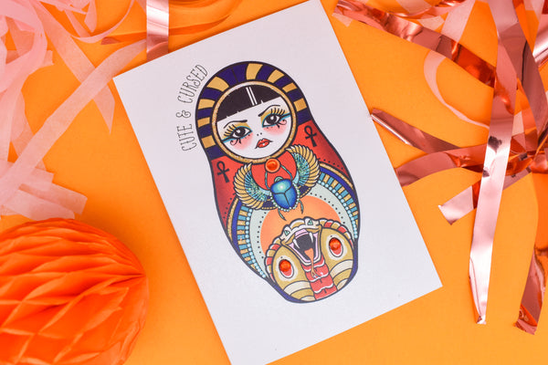 Cute & Cursed - Egyptian Russian Doll Tattoo handmade card