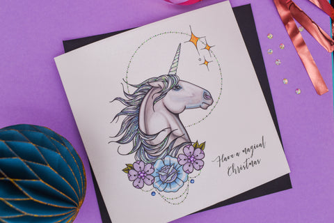 MAGICAL CHRISTMAS Unicorn tattoo handmade Christmas card