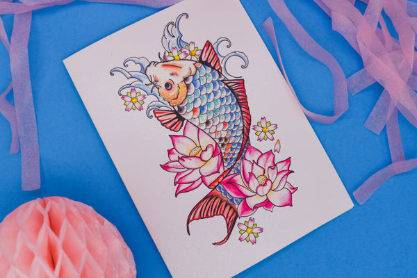 Japanese Koi Carp and Lotus Flower Tattoo Luxury Handmade Blank Card