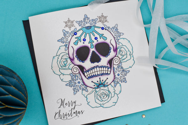 Frosted blue rose Day of the Dead sugar skull tattoo handmade Christmas card