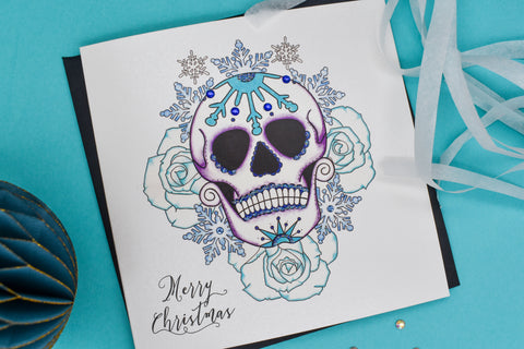 Frosted blue rose Day of the Dead sugar skull tattoo handmade Christmas card