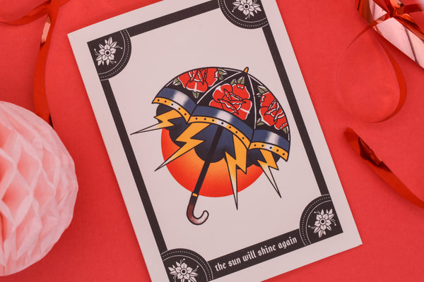 THE SUN WILL SHINE AGAIN Roses & Lightning Bolts Umbrella Tattoo Handmade Card