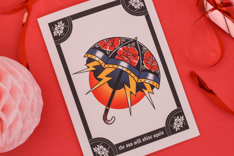 THE SUN WILL SHINE AGAIN Roses & Lightning Bolts Umbrella Tattoo Handmade Card