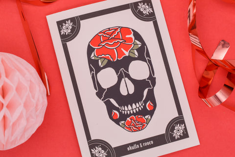 SKULLS & ROSES Black & Red Skull Tattoo Handmade Card