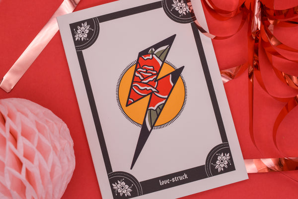 LOVE-STRUCK Lightning Bolt & Rose Tattoo handmade Card