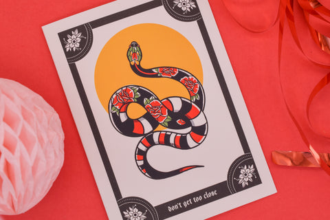 DON’T GET TOO CLOSE Black & Blood Red Rose Snake Tattoo Handmade Card