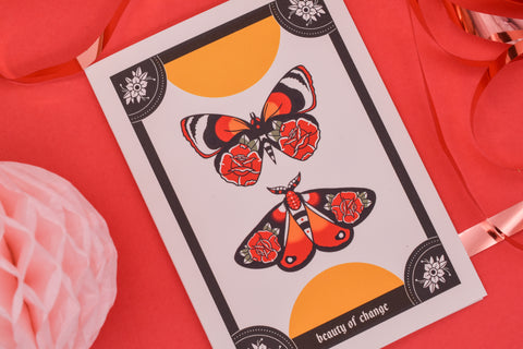 BEAUTY OF CHANGE Ink & Blood Red Rose Butterfly Tattoo Handmade Card