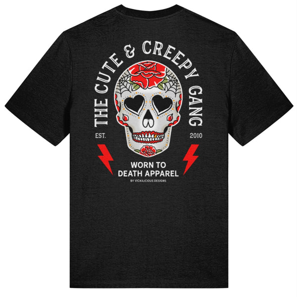 Cute & Creepy Gang | Dead Cute Sugar Skull Red Rose | Front and back print T-shirt