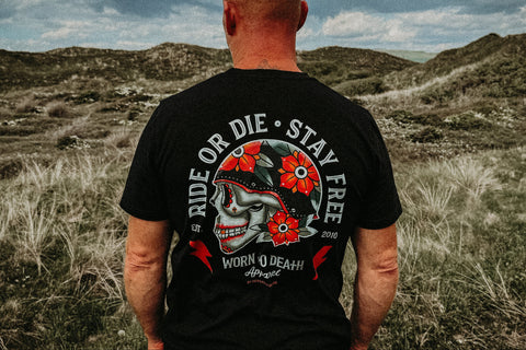 Ride Die | Ink & Blood Rose Biker Skull Tattoo | Front & Back Print Black T-shirt