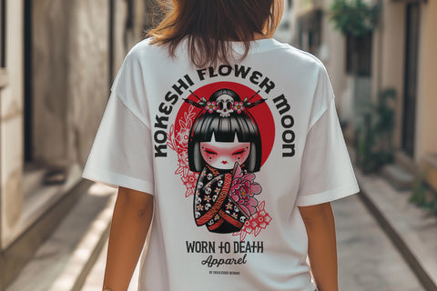 Kokeshi Flower Moon | Front & Back Print White T-shirt