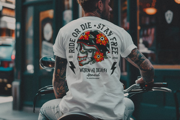 Ride Die | Ink & Blood Rose Biker Skull Tattoo | Front & Back Print White T-shirt