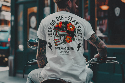 Ride Die | Ink & Blood Rose Biker Skull Tattoo | Front & Back Print White T-shirt