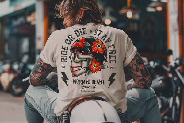Ride Die | Ink & Blood Rose Biker Skull Tattoo | Front & Back Print Natural Raw T-shirt